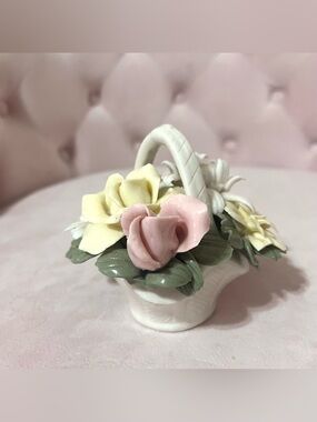 Porcelain white basket with pastel flowers Rose figurine